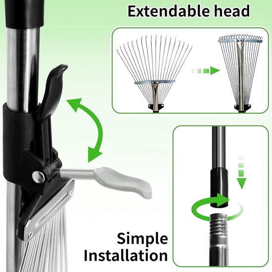 Bladhark met steel 175 cm - 18 tanden Bladveg met verstelbare kop (20-45 cm) - Ideal voor grote oppervlakken & fijne reiniging onder heggen - Licht & robuust voor volwassenen en kinderen — afbeelding 2