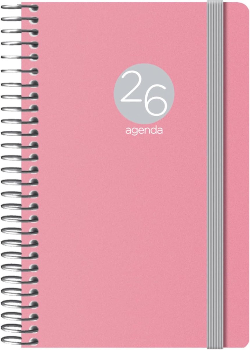 - Kalender 2026, weekoverzicht, zakformaat (8,5 x 13 cm), flexibel deksel van kunststof, spiraalsluiting en elastiek, 12 maanden januari tot december, jaarplanner in het Spaans, Memphis roze
