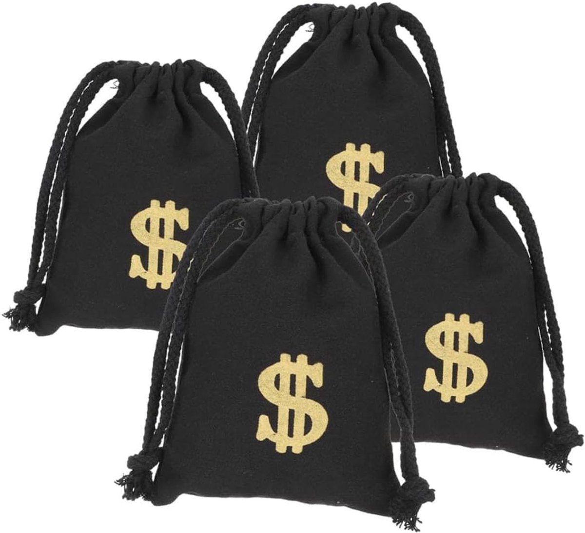 4 stuks canvas geldzak met trekkoord, zwart dollarteken zakje voor munten, sieraden en snoep opslag - piraat, cowboy cosplay, Halloween feestartikelen, kostuum rekwisieten