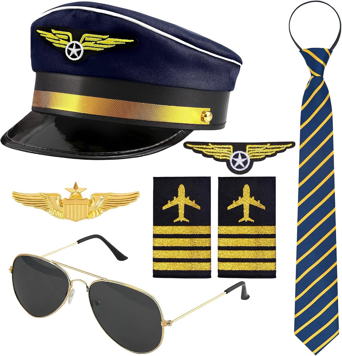 Piloot Kapitein Kostuum Accessoires, Pilot Kostuum met Kapitein Hoed Pin Tie Badge Schouderbanden Zonnebril