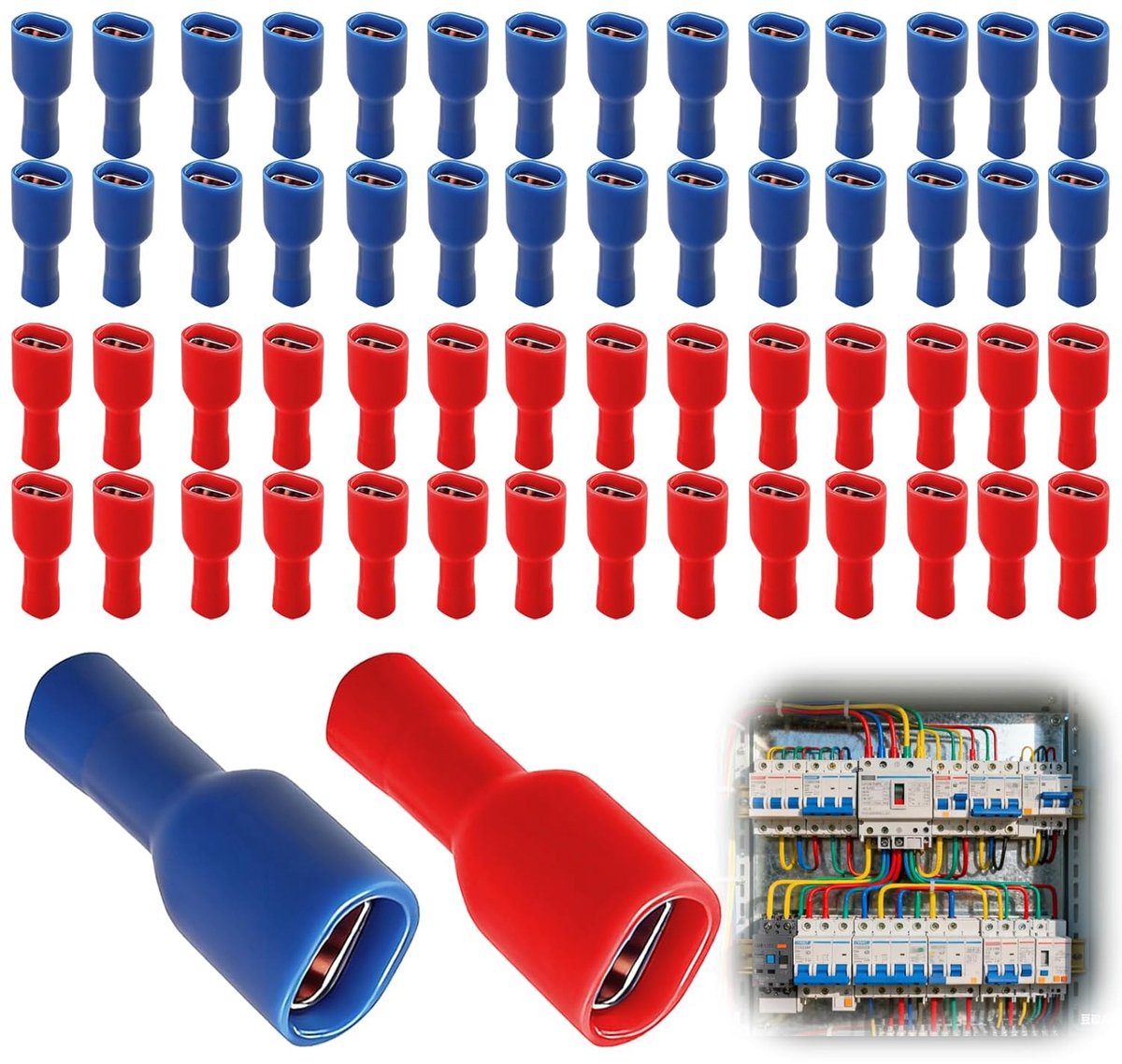 Set van 60 elektrische krimpkabelschoenen, vrouwelijk, snelkoppeling, volledig geïsoleerd, vinyl, 6,3 x 0,8 mm, voor 1,5-2,5 mm² (16-14 AWG) blauw