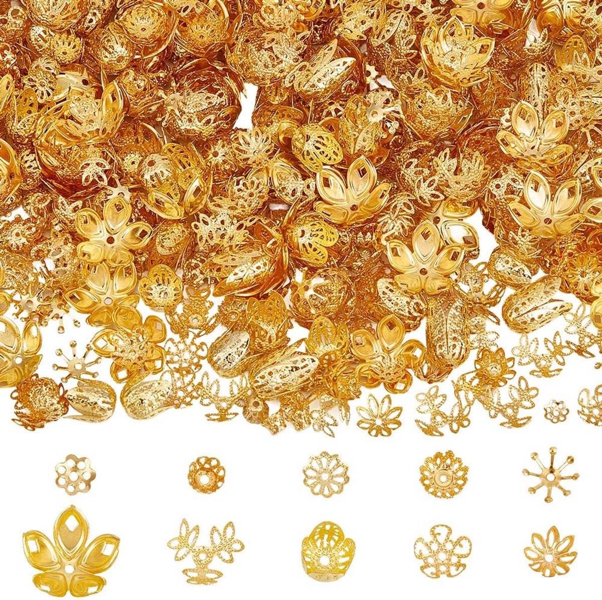 1 doos 1000 stuks 10 stijlen gouden kralenkappen metalen bloem kralen bulk ijzer Tibetaanse holle bloemen vormige spacer einde kralen caps voor sieraden maken armbanden kettingen
