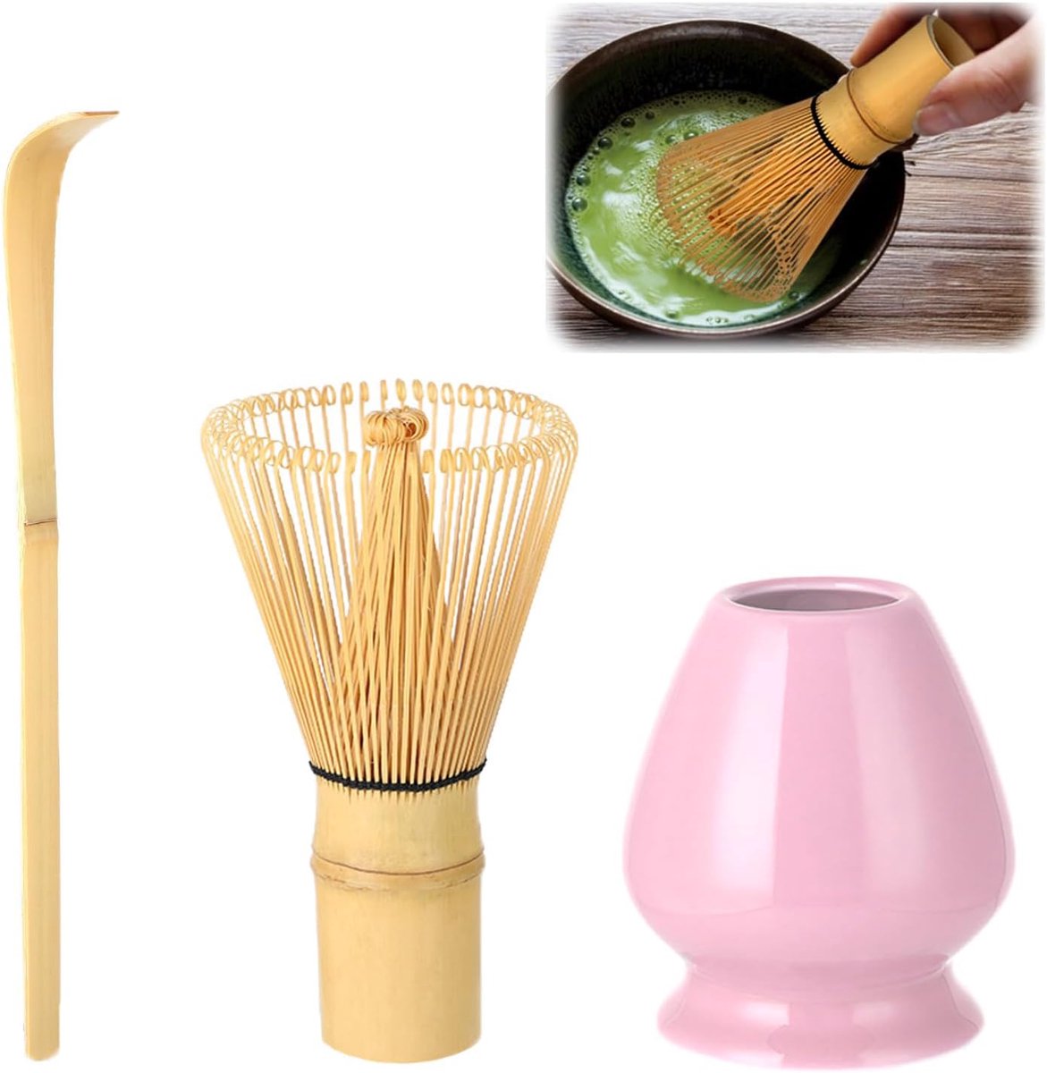 Set roze - 3-delige theeset met 80 tanden bezem, bamboelepel en bezemhouder, Japanse accessoires voor theeceremonie, geschenkdoos