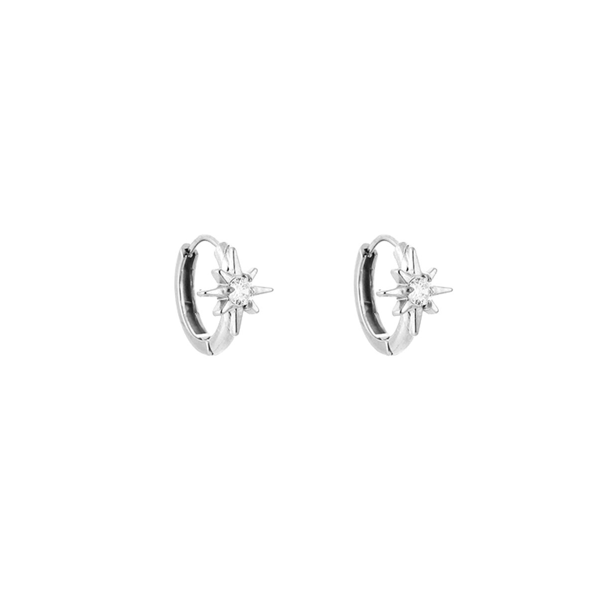 North Star Solitaire Zirconia Huggie Hoops – Luxe Oorringen met Poolster Zirkonia – RVS - Zilver