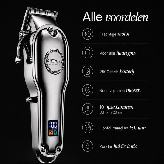 Zilverkleurige tondeuse met Royce logo, digitaal display en "POWER LEFT" indicatie.