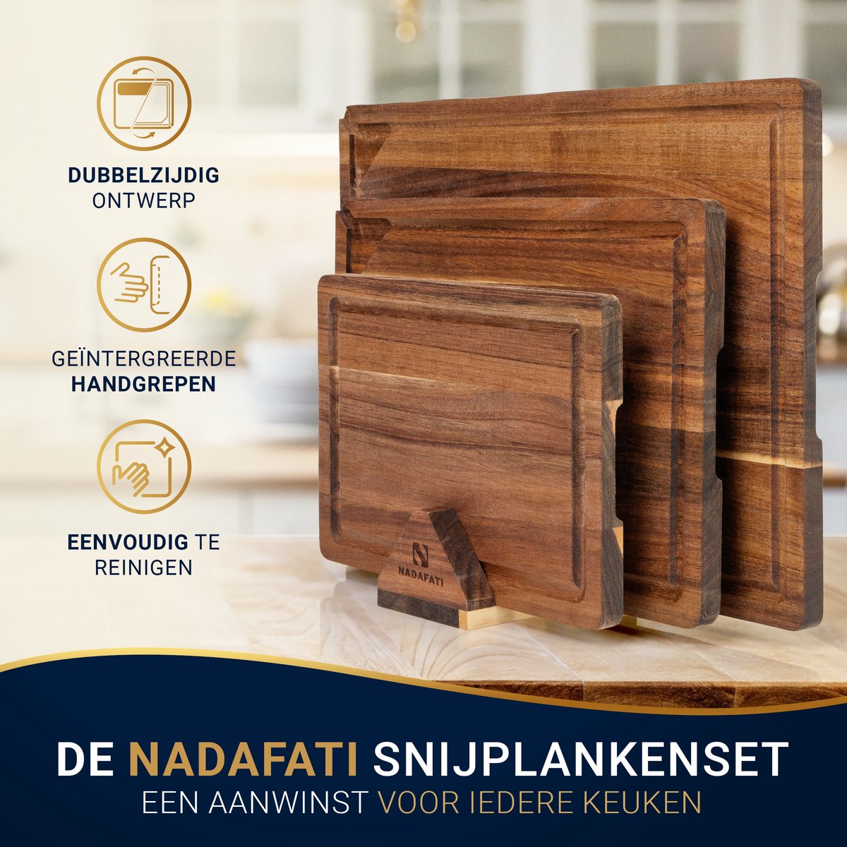 Nadafati Premium Massief Acacia Houten Snijplankenset met Houder - 3 Houten Snijplanken - Dubbelzijdig - Met Sapgeul - Hakblok - Serveerplank - Borrelplank - Tapasplank - Kaasplank - Broodplank - Snijplank van Acaciahout — cadeau in Kookcadeaus - foto 4