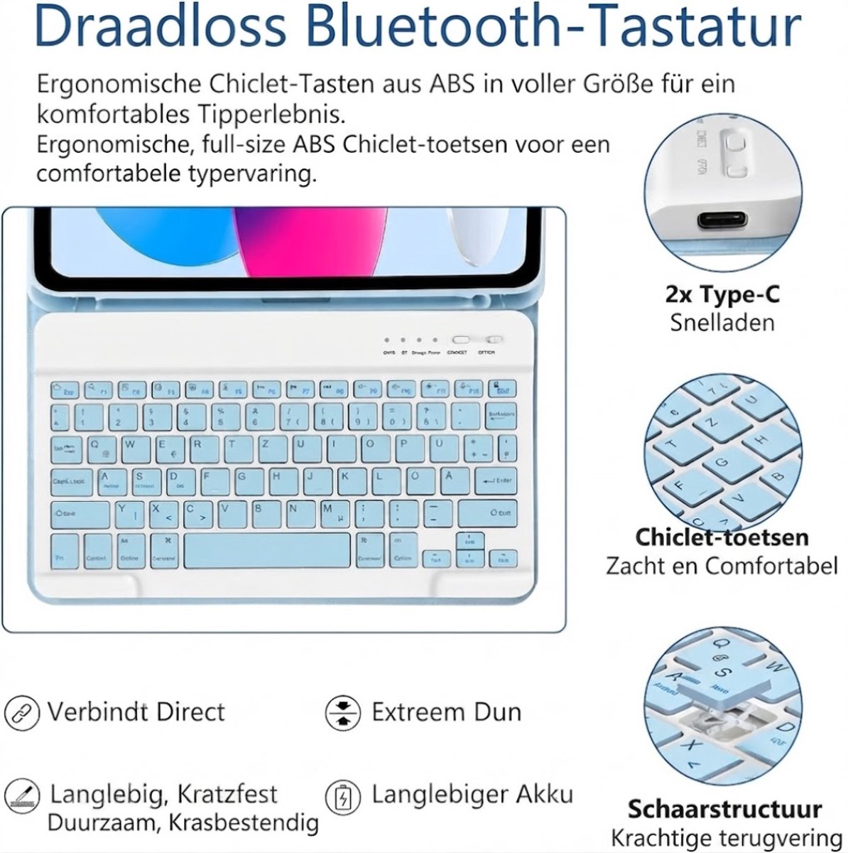 Lìon® Ipad Hoes met Toetsenbord - Toetsenbordhoes voor Ipad - Toetsenbordhoes voor Ipad A16 11e/10e Generatie - Lichtblauw - 26cm x 21cm x 2cm