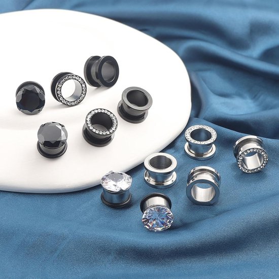 Tunnels, set van 12 roestvrij stalen oortunnels, meerkleurig, schroefsluiting met edelstenen, piercing, sieraden, 4 mm-12 mm — afbeelding 3