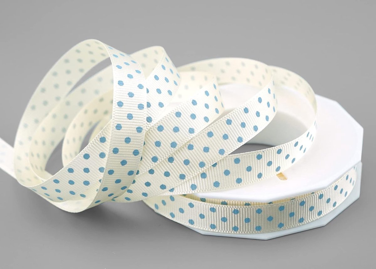 Baby Ripsband, 20 m x 15 mm, lichtblauwe crème, ivoor, geschenklint, lint, stoffen lint, decoratief punten, geschenkverpakking, band, doop, geboorte, vintage liefde, 20 m