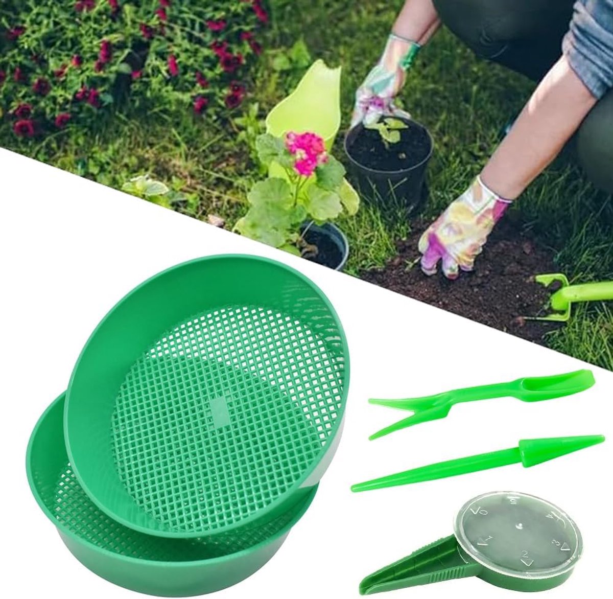3 stuks grondzeef, zandzeef, kunststof, aardezeef, tuin, steen, zand, grond, zaailing, mesh, zeef, tuinieren, tuinieren, planten, zaailing, zandsteenfilter, gereedschap