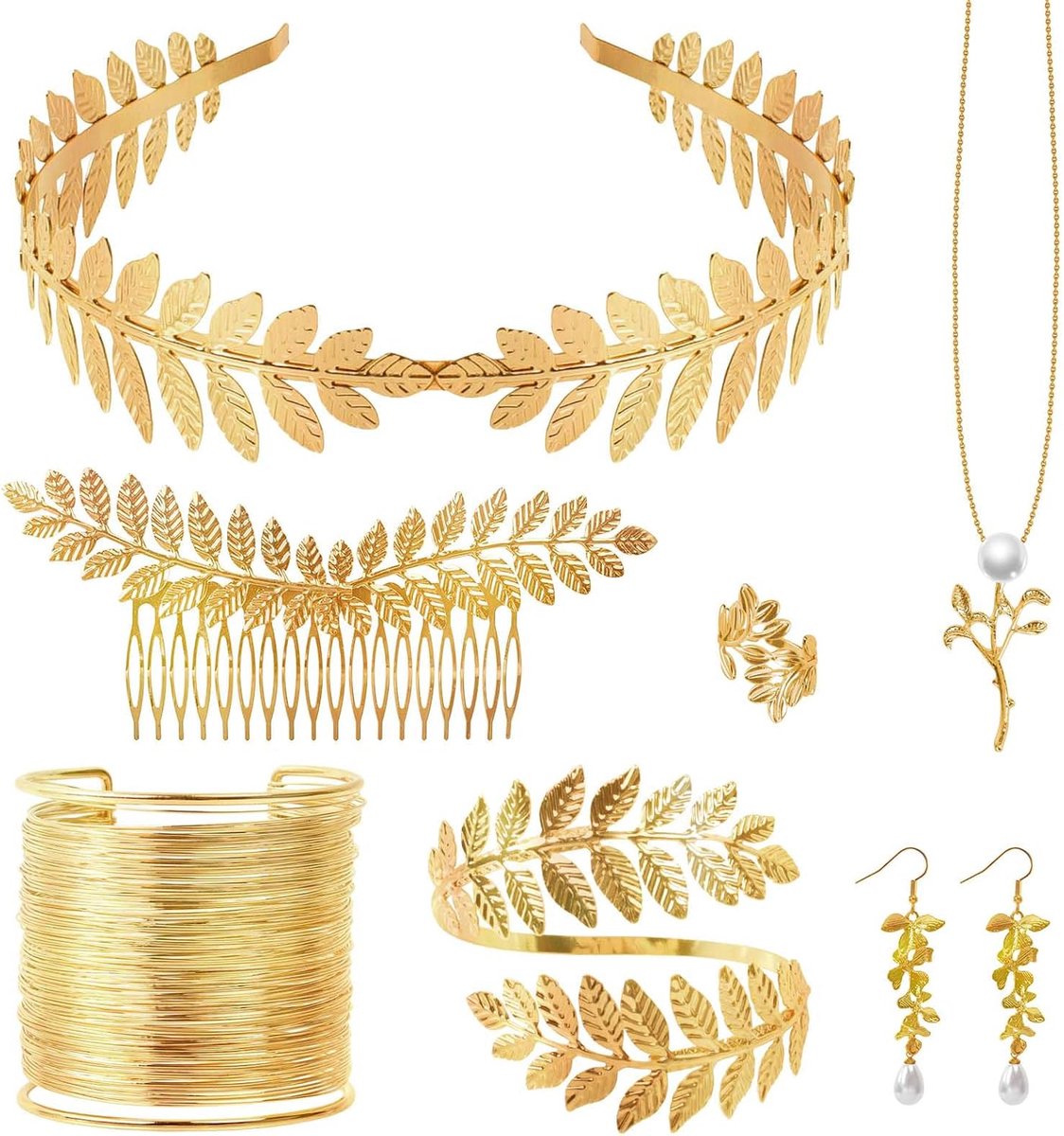 7 stuks gouden godinnenkroon, blad haarkroon, Griekse godin kostuum accessoires armband oorbellen ketting ring hoofdtooi voor vrouwen in bruiloft Party Halloween dagelijks gebruik