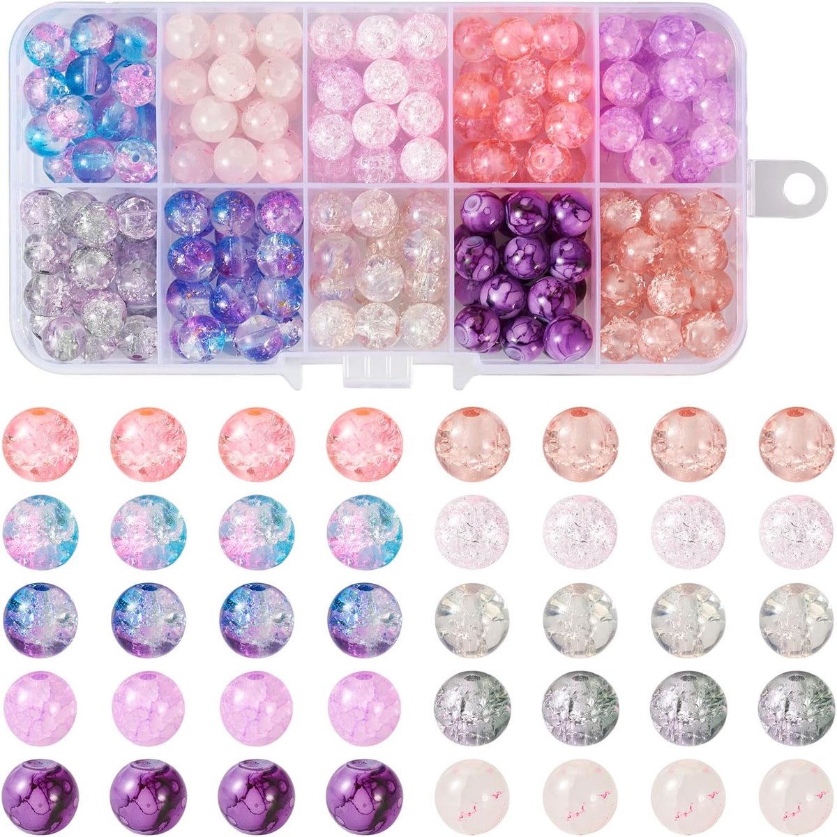Kralen 8Mm Roze Paars Crackle Kralen Transparante Crystal Ball Craft Spacer Kralen Bulk voor Ketting Armband Kerst Sieraden Diy Sleutelhanger Oorbel Ring Accessoire