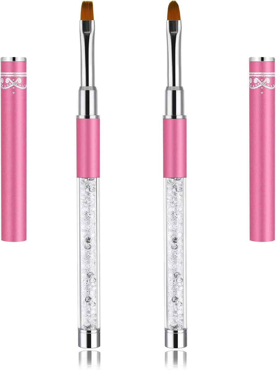 Nagelborstelset, strass handvat, nagelkunstontwerpborstel, nageltekenpen, nagelkunstreinigingsborstel, gelborstel voor nagels (roze)