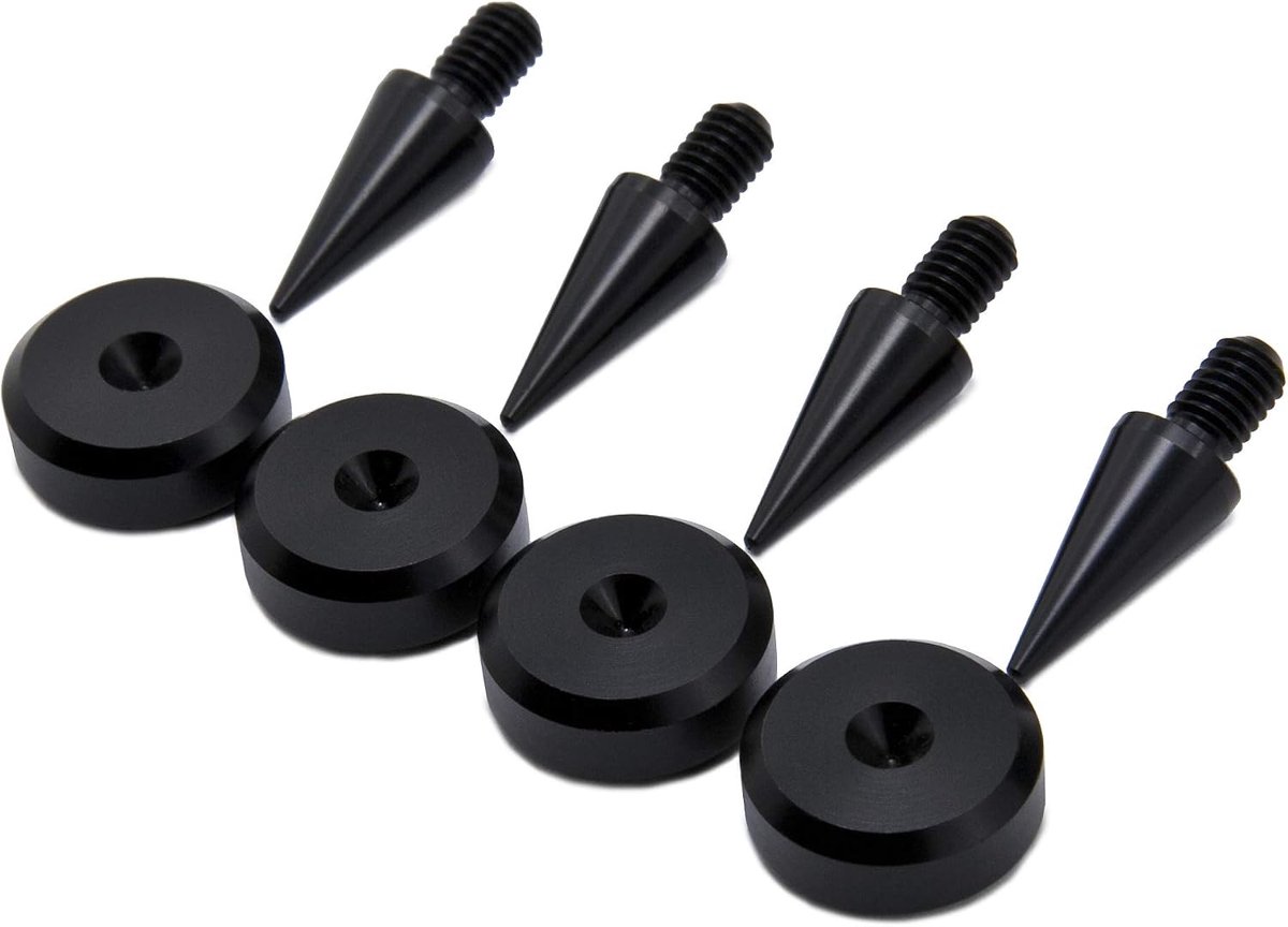 Spikes en Kussentjes Set, Zwart Aluminium, Spikes Ø10 mm Kegel met Afgeschuinde Kussentjes Ø20 mm, Trillingsdempers voor HiFi Luidsprekers, Standaards, Kasten en
