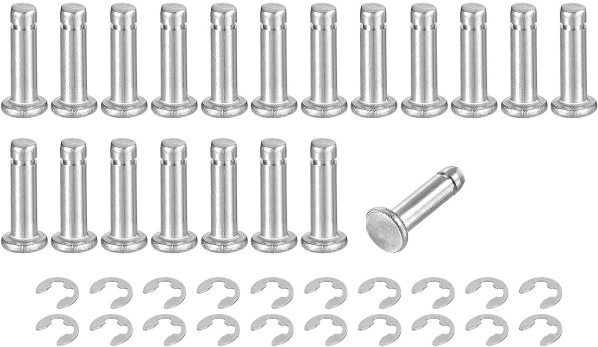 Set van 20 M4 x 14 mm positioneringspen, cilindrische elastische as, roestvrij staal 304, stiftpositie, cilinder, scharnier, platte kop met ringbevestiging clip E, zilver