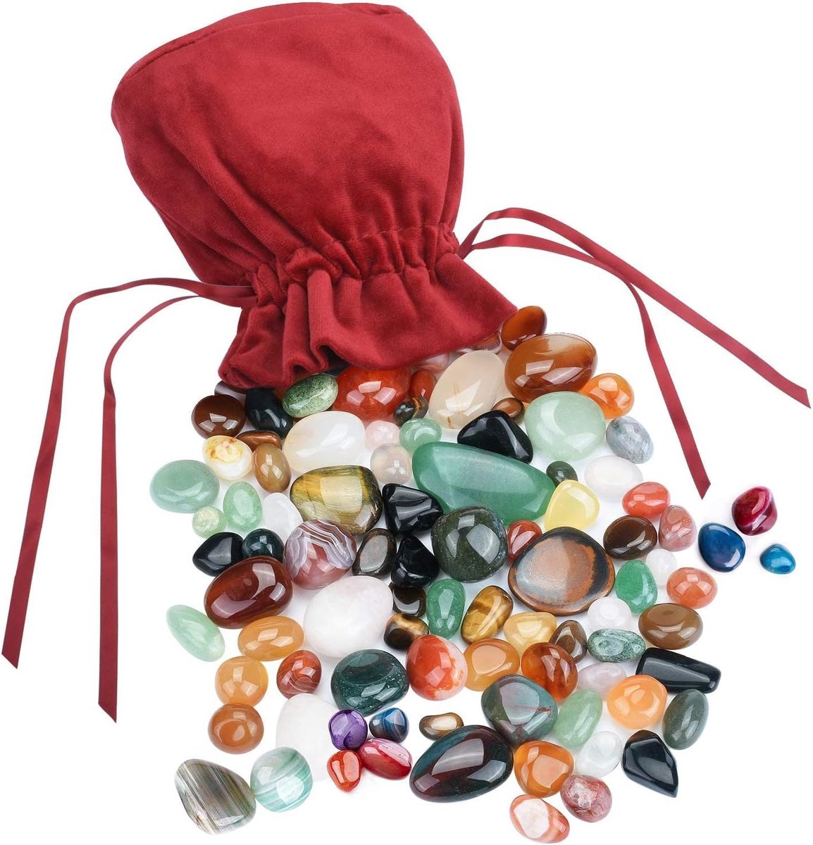 edelstenenset, mix van natuurlijke halfedelstenen, edelstenen voor kinderen schattenzoeken, vazen, fontein, aquarium, decoratieve stenen, praktisch in rode stoffen tas