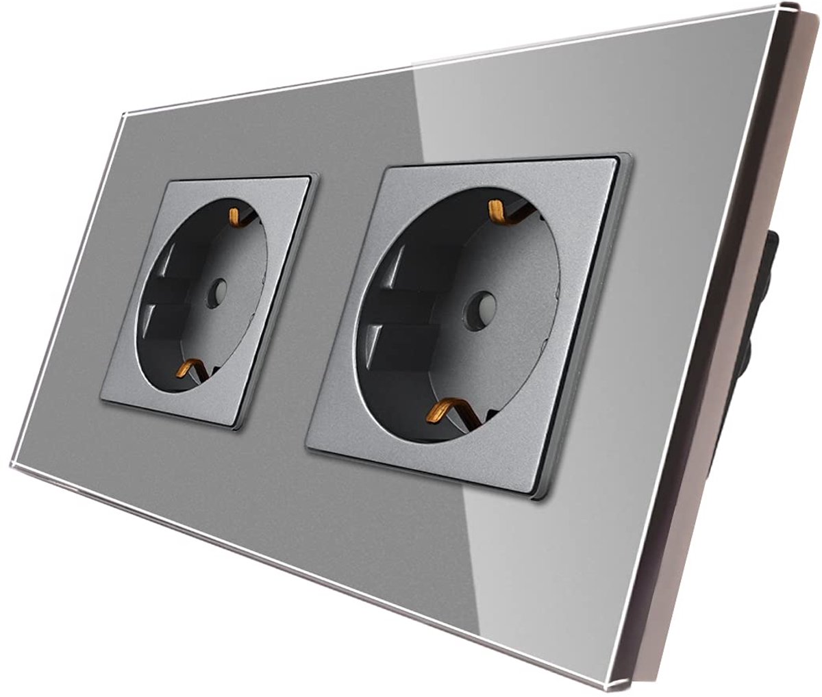 Dubbele Stopcontact 16 Amp met Grijs Geharde Glazen Paneel, Kinderbescherming, Brandwerend Materiaal, Standaard Stopcontact