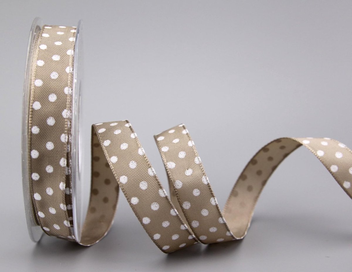 Decoratielint stippen, taupe/wit, 20 m x 15 mm, cadeaulint, stoffen lint met draad, taftlint, gestippeld, polkadot, vrolijk, Pasen, verjaardag, draadrand, kinderlint