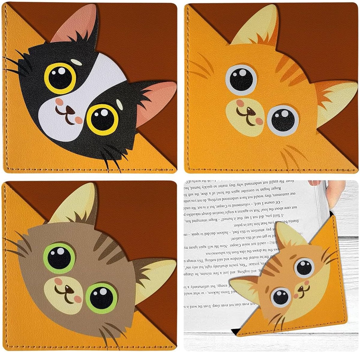 bolimoss Grappige kat bladwijzers, gepersonaliseerde lederen boekenleggers clip set van 4, schattige hoekpagina boek accessoires voor vrouwen, kinderen, leraren studenten boek liefhebbers lezen, voor