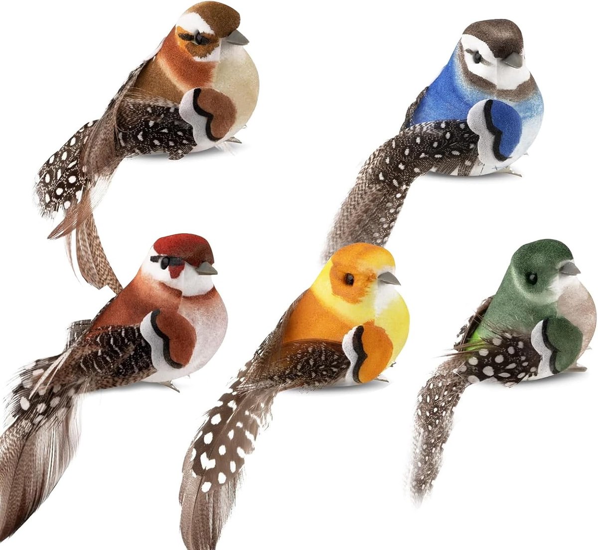 Kunstvogels met clip, 5 stuks | Decoratieve reality-schuimmat, kleine nepvogels met veren, decoratief voor tuindecoratie, Kerstmis, doe-het-zelf feest