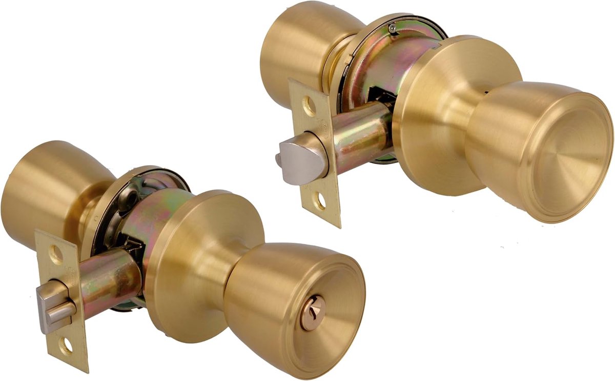 - Komvormige deurknopset - Met buitensleutel - Deurslot 60/70 mm - Rechte rand - Messing - Matgoud - Voor deuren van 35 tot 45 mm dik
