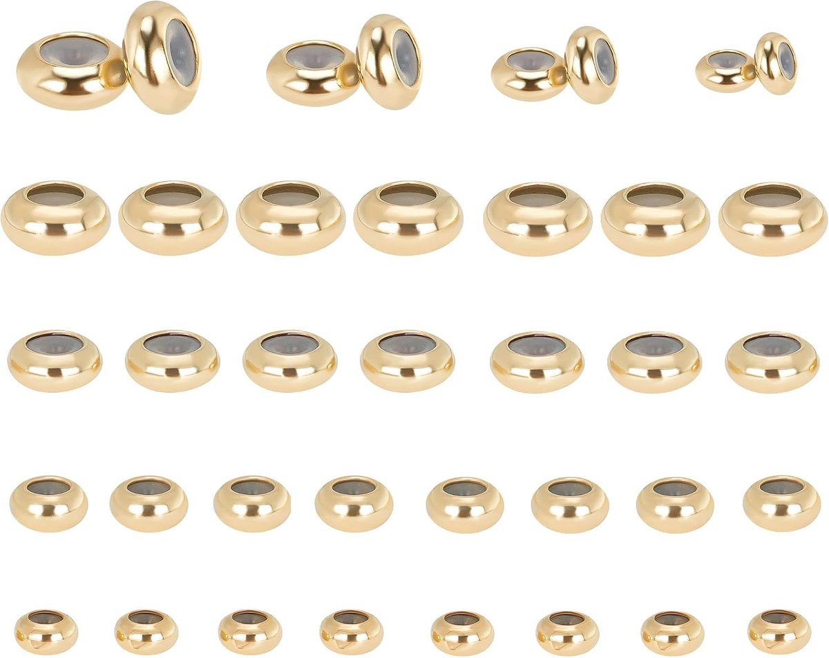 40 Stks 4 Maten Messing Rubber Kralen Echt 24K Vergulde Verstelbare Schuif Sluitingen Ronde Kralen Insert Rubber Stopper Positionering Spacer Kralen voor DIY Sieraden Maken Accessoires