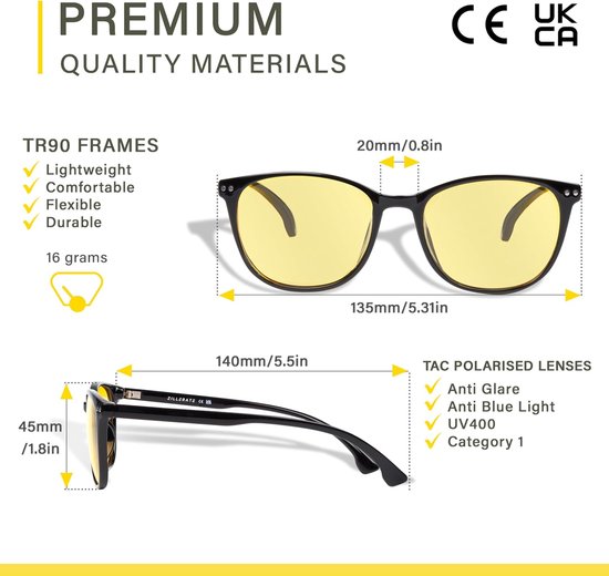Rijdbril Voor 's Nachts voor Heren en Dames, Gepolariseerde Lenzen Filter Verblindende Schittering van Koplampen, Geel Getinte Zichtlens, Lichtgewicht, Comfortabel TR90-frame, Harde Koker — afbeelding 2