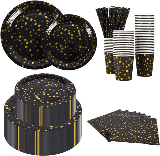 50 Gasten Zwart en Gouden Feestbenodigdheden Set, Zwart Goud Sterren Papier Servies, Wegwerp Party Servies Set - Inclusief 9" Borden, 7" Platen, Servet, Beker, Stro, 250 STKS — afbeelding 5