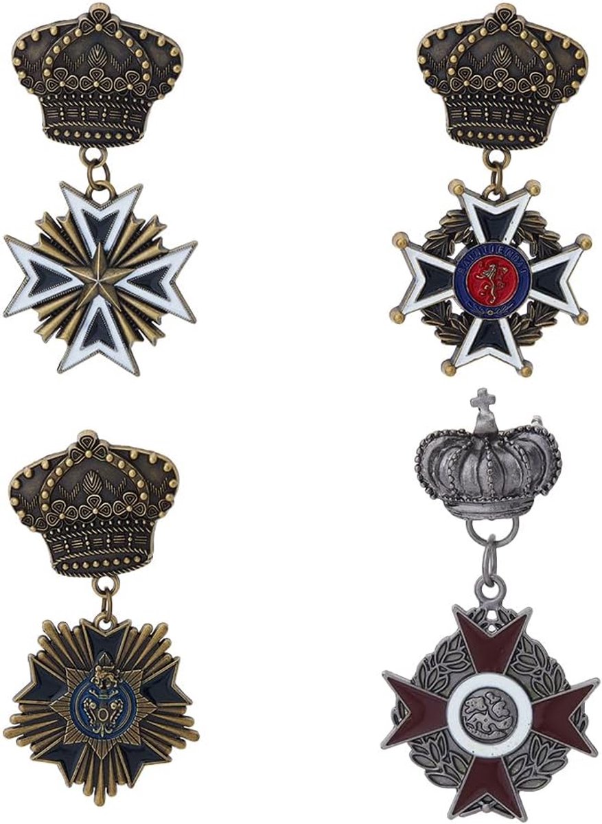 4 Stuks 4 Stijlen Kroonmedailles Legering Emaille Broche Pins Militaire Medaille Badges Antiek Bronzen Uniform Kostuum Accessoire Voor Leger Soldaat Kostuum Jas Rugzak, Legering+email
