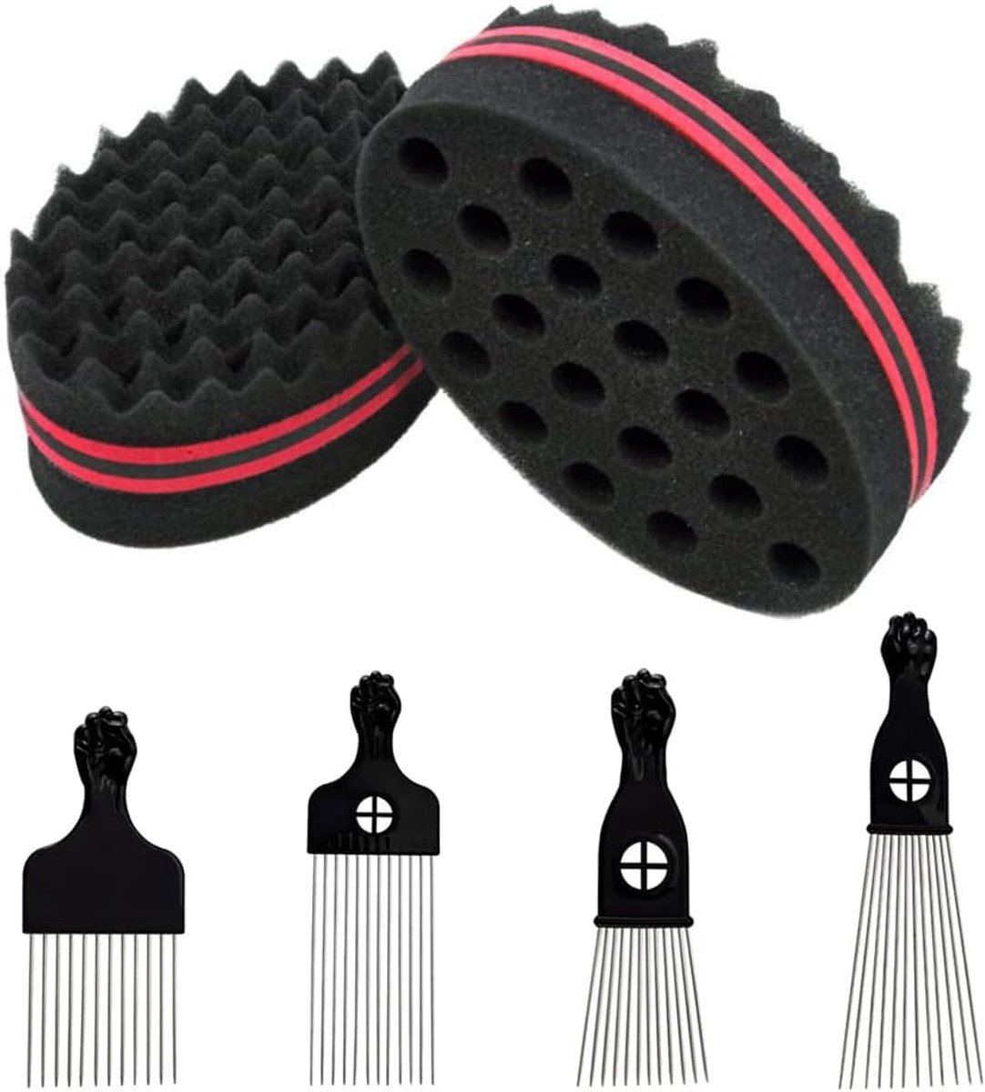 Kam Set - 6 Stuks Metalen Haarkam, Pick Haarborstel, Spons, Magische Krul, Afropkam, Roestvrij Staal, Krultang