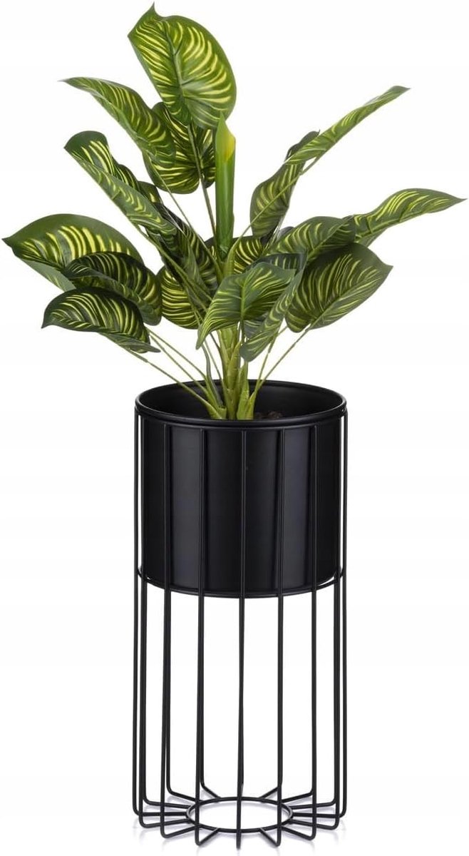 metalen bloemenstandaard, 42 cm hoog, met zwarte bloempot, rond, diameter 19 cm, robuuste standaard, plantenstandaard voor decoratie binnenshuis