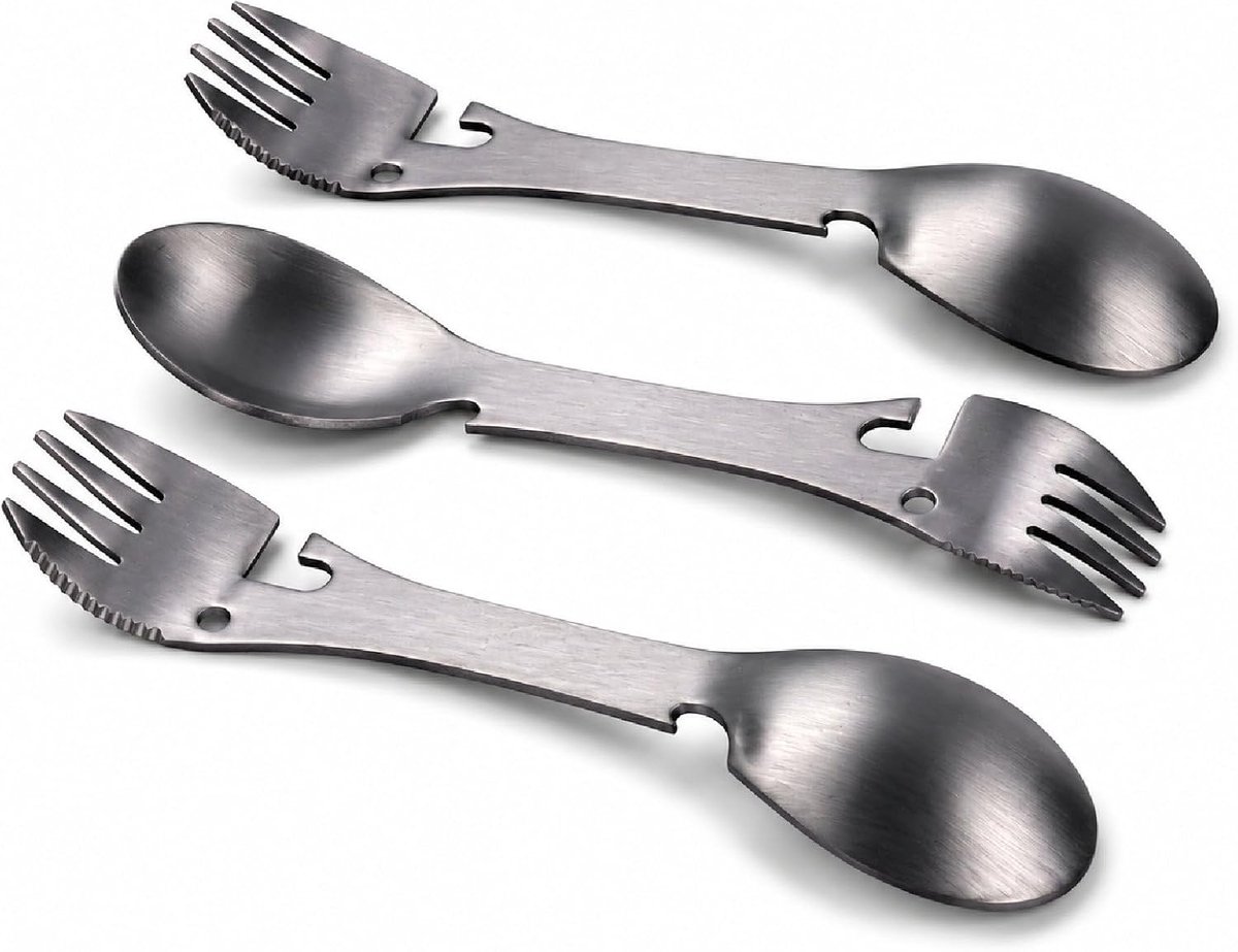3 stks Rvs Multifunctionele Spork, 5 in 1 Lepel Vork Set Draagbare Lepel Vork Fles Blikopener voor Reizen Camping Wandelen
