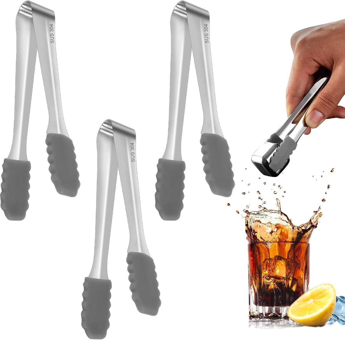 3 stuks ijsblokjestang, snoeptang, siliconen kop, roestvrij pincet, serveertang, snoeptang, ijstang, mini-ijstang, voor ijs, suiker, koekjes, bar, buffet, grillbar, keuken en nog veel meer