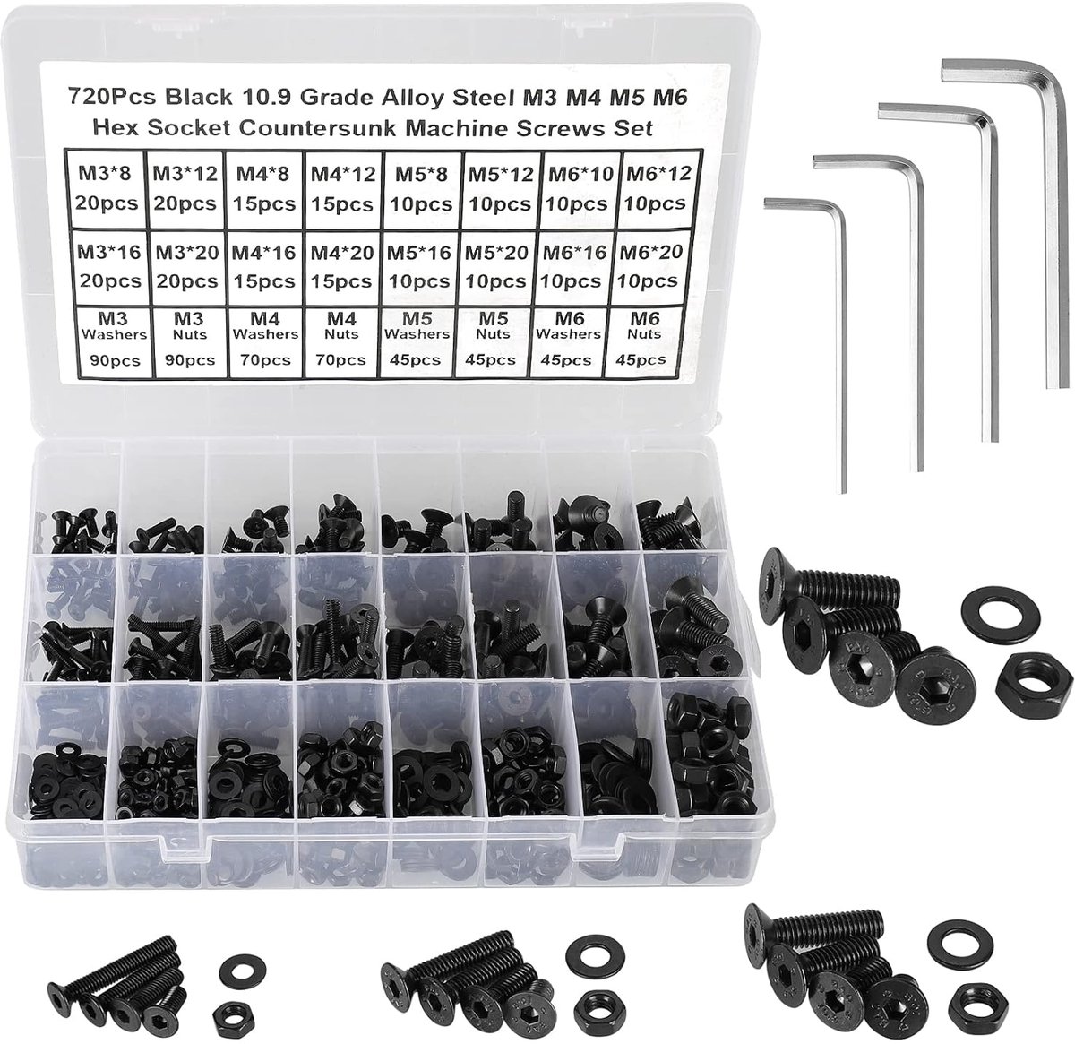 720 Stuks Schroevenset,M3 M4 M5 M6 Verzonken Kop met Binnenzeskant,Machineschroeven Platkop,Inbusschroeven Draadschroeven Zwart 10.9 Staal,Moeren en Sluitringen Sets Met 3 leutel.