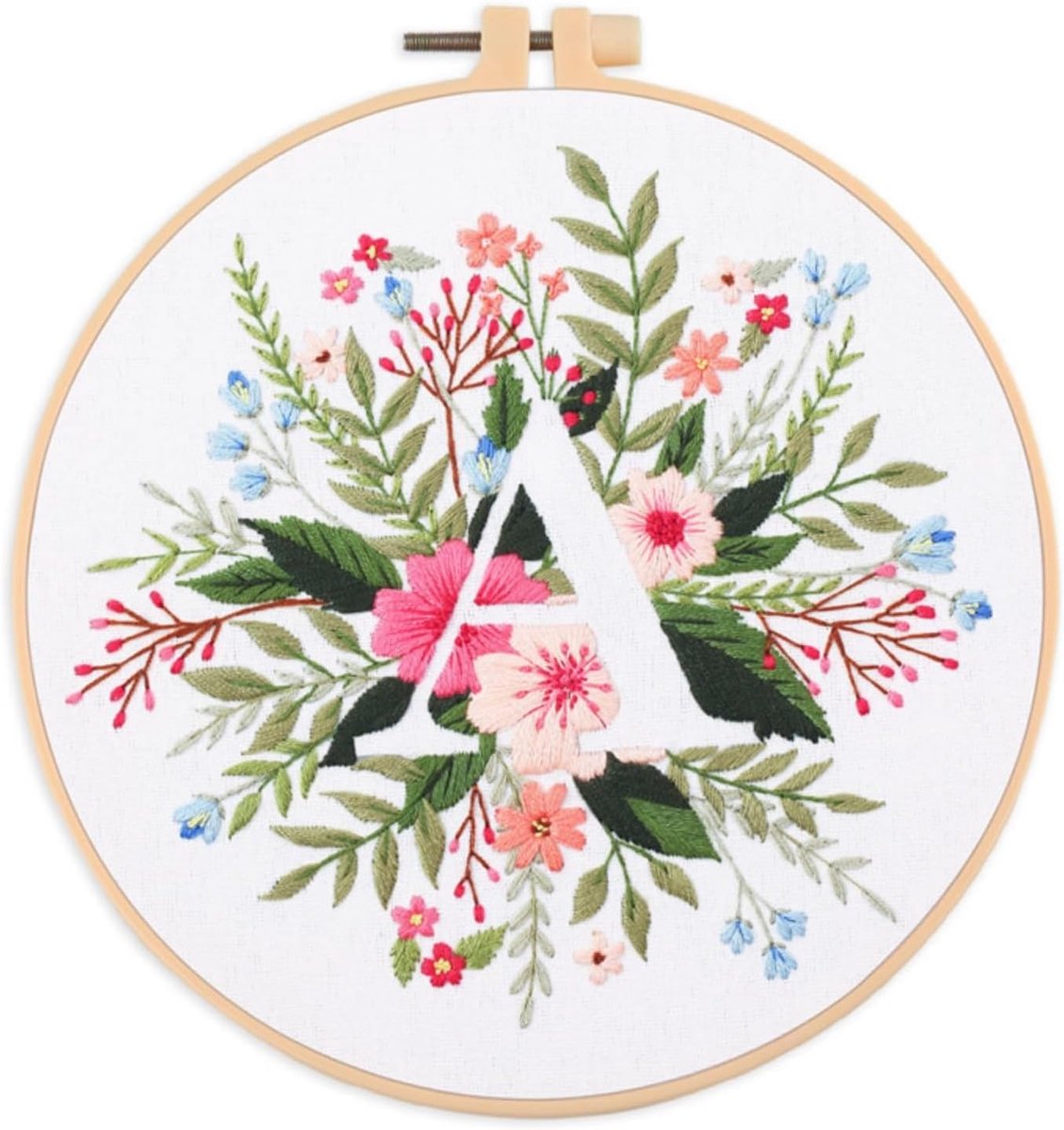 Borduurset voor beginners en volwassenen, 26 bloemen, letters, eenvoudig patroon, doe-het-zelf handsteek borduurset met hoepel (bloem en gras letter A)