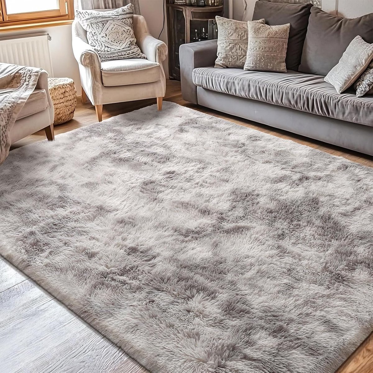 Tapijten voor de woonkamer, pluizig vloerkleed voor slaapkamer, babykamer en slaapzaal, zacht antislip, groot, modern shaggy tapijt voor binnen (grijs-wit, 120 x 160 cm)