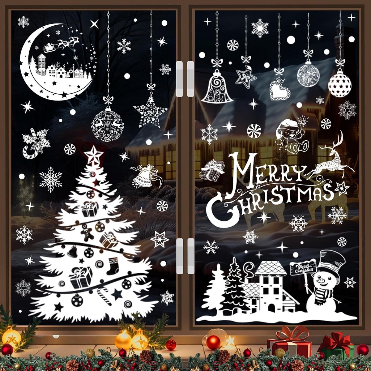 Raamstickers, statische kerstraamstickers, kerstman sneeuwvlok rendier kerstscène raamsticker kerstdecoraties voor ramen