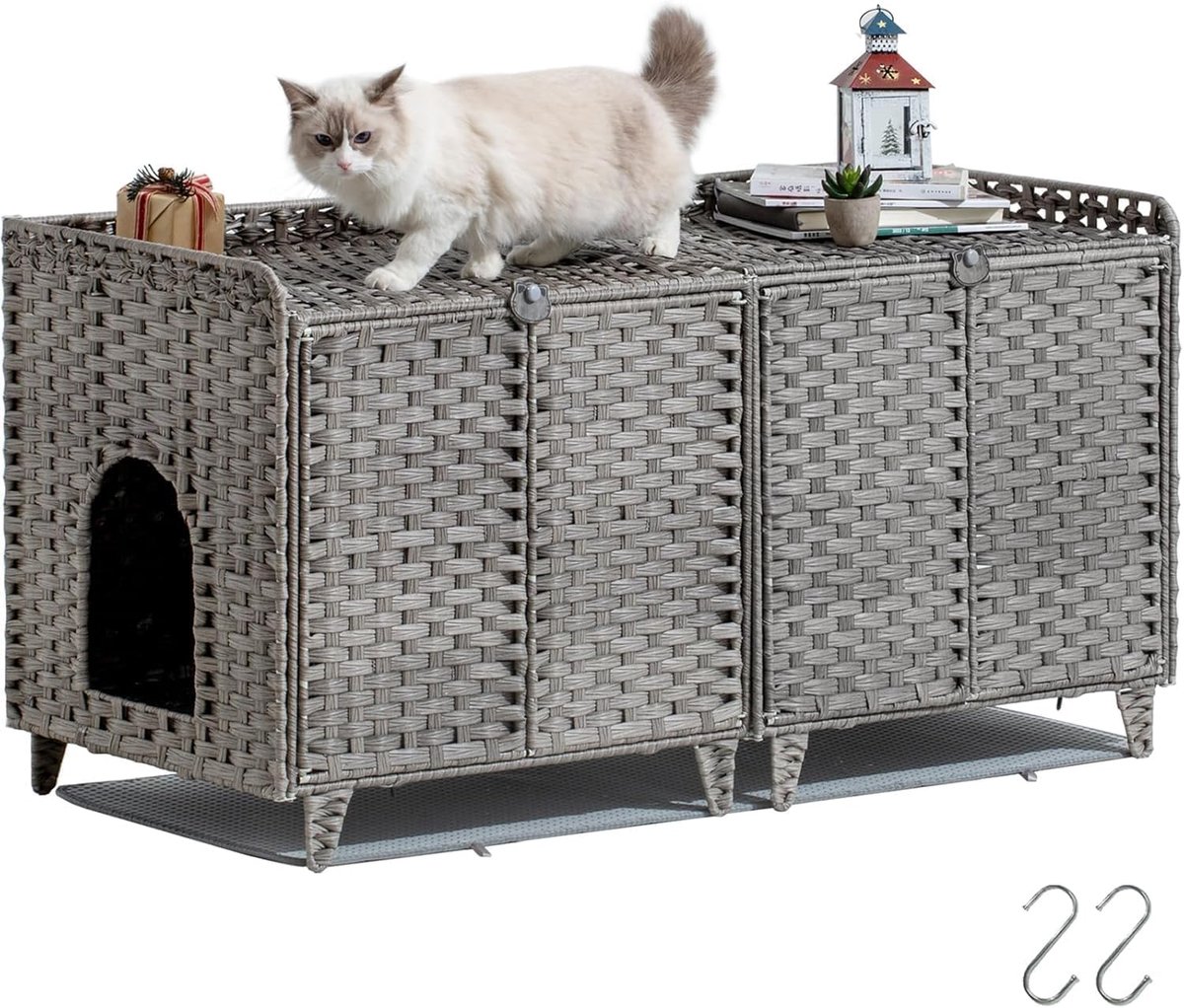 Verborgen rattan kattenbakmeubel voor 2 katten – Kattenbakomheining met uitneembare mat en 2 ophanghaken – Dubbel gebruik: bijzettafel & kattenhuisje – Eenvoudig te monteren – Afmetingen 120 x 50 x 60 cm – Grijs
