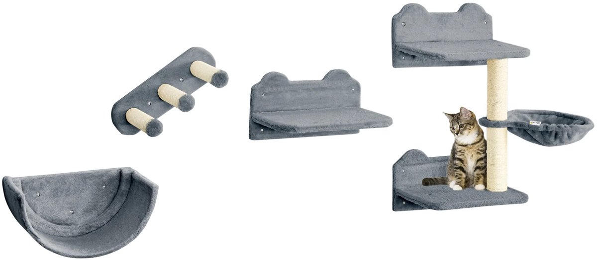 QUESTYR - Grijs - 4-Delige Katten Klim Set - 3 Verdiepingen Met Mand - Sisal-Schraper - Wandmodel - hout