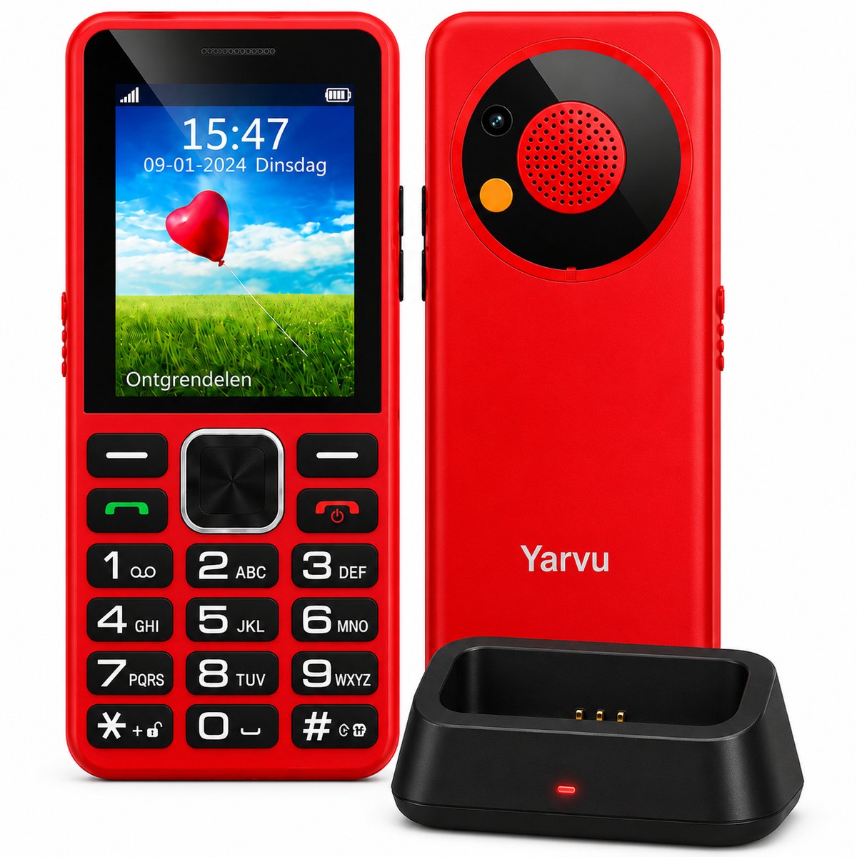 Yarvu ® - Uniwa 2 - Senioren Telefoon - 4G - Met Oplaadstation - Dual Sim - SOS Functie - Design Mobiele GSM - Mobiel - Nederlandstalig Menu - Rood