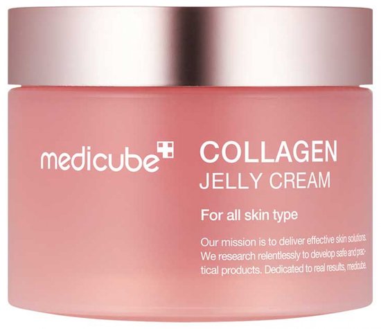 Medicube Collageen Jelly Crème pot met roze, doorschijnende verpakking en zilveren dop. Tekst: COLLAGEEN JELLY CREAM.