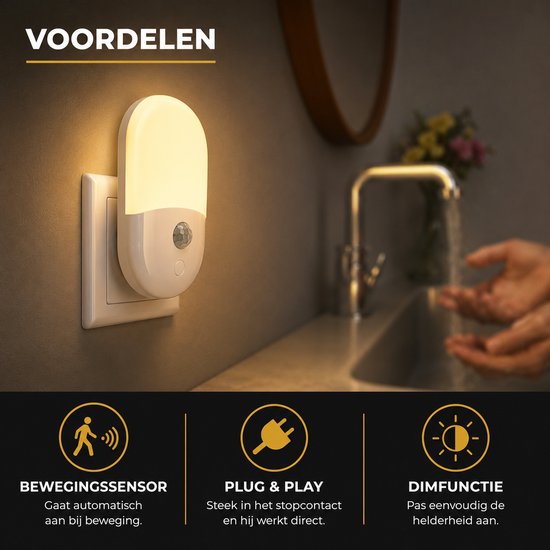 Lueas® -Nachtlampje met Bewegingssensor - LED Nachtlampje Stopcontact - Nachtlampje voor Kinderen en Volwassenen- Warm licht - Dimbaar van Lueas — afbeelding 2