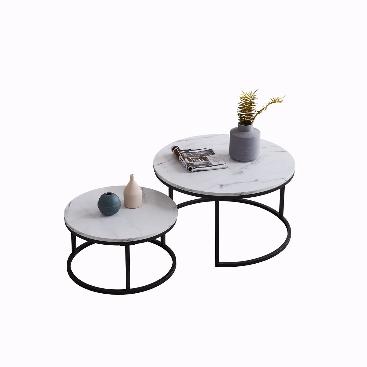 emvae Salontafel - Set van 2 - Koffietafel - Salontafel Rond - Bijzettafel - Zwart met Marmer - 80 x 45 & 60 x 33