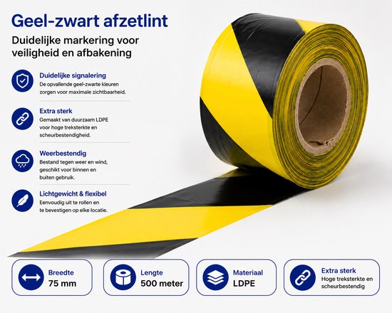 Rol afzetlint met opvallende geel-zwarte diagonale strepen. Afmetingen: 75 mm breed, 500 meter lang. Gemaakt van duurzaam LDPE.