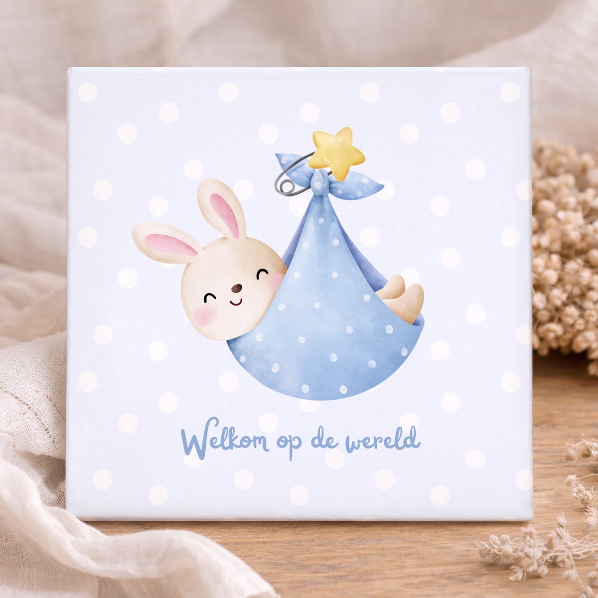 Printazzy Geboortetegeltje Konijntje - Welkom op de Wereld - Keramisch Tegeltje Baby - Kraamcadeau Jongen - Babykamer Decoratie - 11 x 11 cm