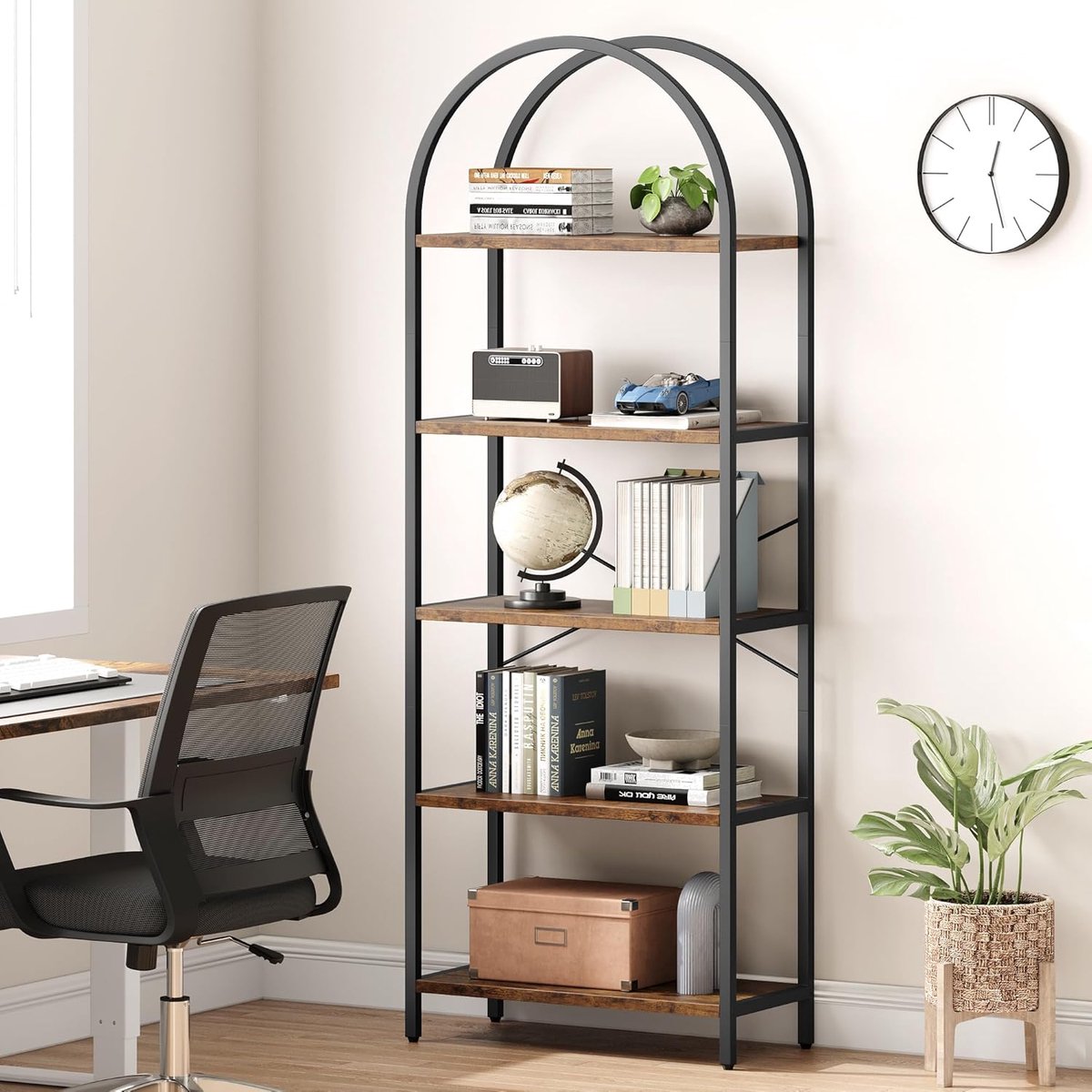 Houten boekenplank - Vrijstaande metalen plank - 5 planken - Gebogen ontwerp - Voor woonkamer- kantoor- slaapkamer - 180 x 60 x 28 cm- zwart + vintage kleur