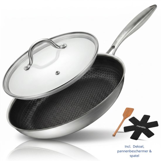 Morelia® Koekenpan 24 cm Inductie en Gas - Incl Spatel - PFAS Vrij - Keramische Anti aanbaklaag - Oven en Vaatwasserbestendig - Beige