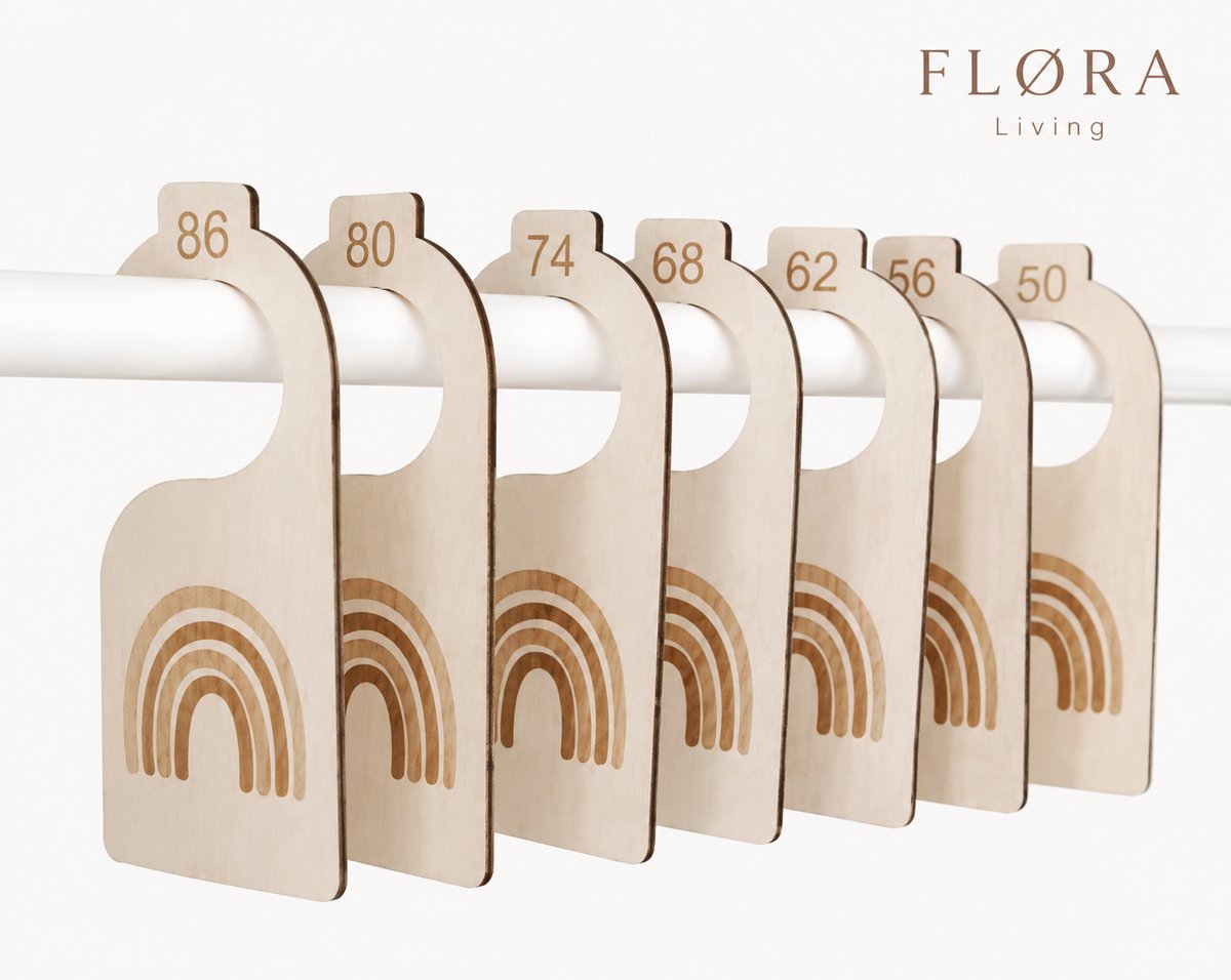 FLØRA Living Kastverdelers Baby - 7 Stuks - Maatverdelers Maat 50 t/m 86 - Houten Organizer met Regenboog - Maathangers