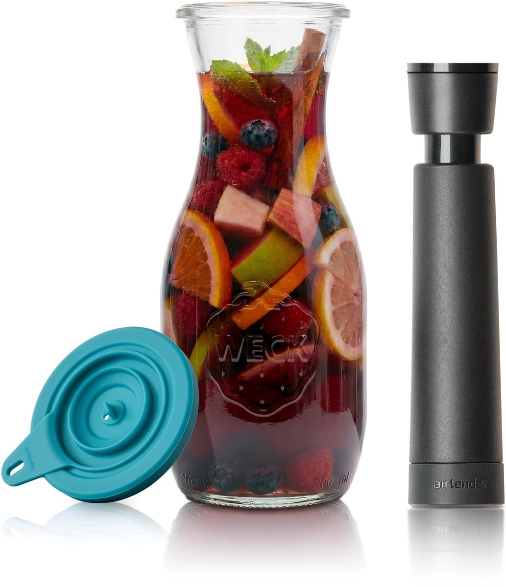 Airtender Instant Sangria Maker 500ml | Vacuüm Sangriakaraf van glas | Vacuümdeksel + GRATIS -pomp | Maak razendsnel de lekkerste Sangria! | Zonder vacuüm te gebruiken | Vacuüm versnelt de infusie (duurt 15-30min) en creëert meer smaak