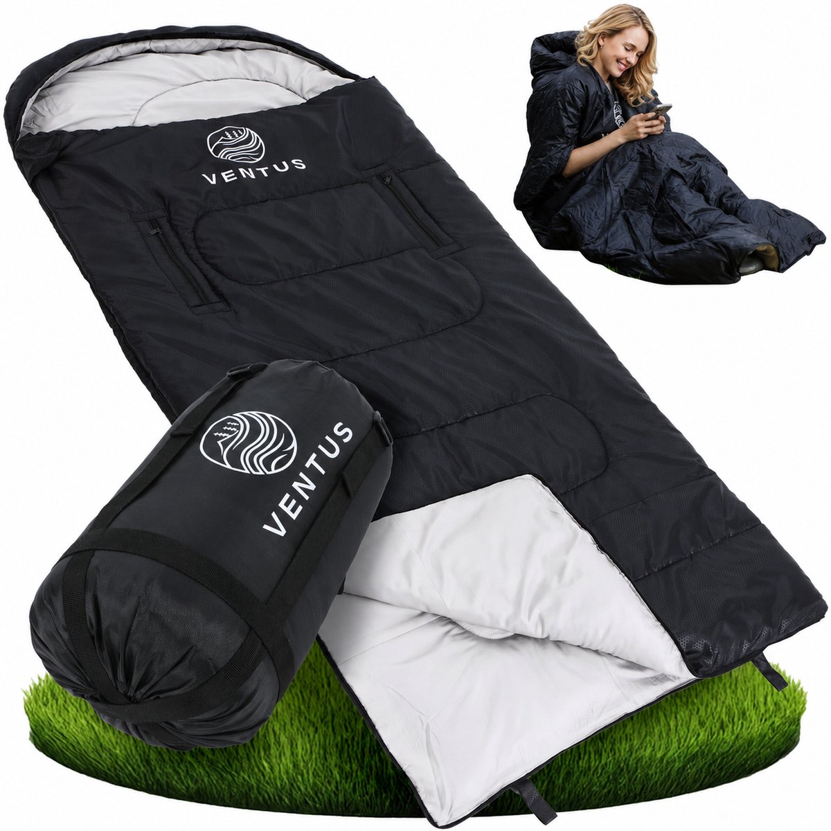Ventus Comfort Slaapzak - Slaapzakken Volwassenen & Kind - Sleeping Bag - Lichtgewicht - Dekenmodel - 185 x 83 cm - Zwart